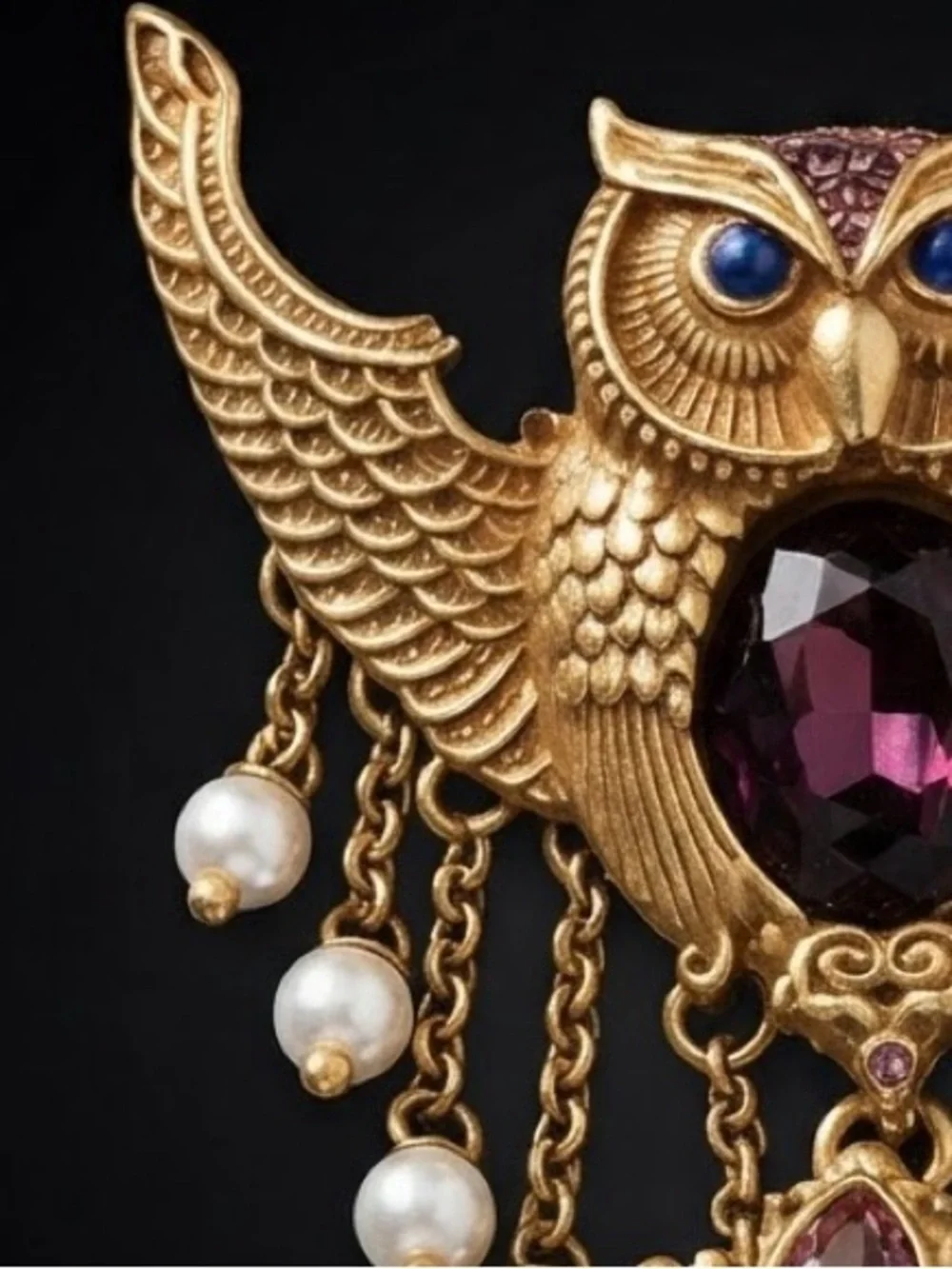 Stunning Gold Owl Brooch with Purple and Blue Accents